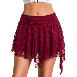 Avidlove Women’s Lace Mini Skirt Asymmetrical Short Skirt | Flowy Lace Hem, Stretch Waistband, For Beach, Club, Rave Festival Outfits, Summer, Halloween(Burgundy Red)
