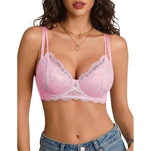 Avidlove Women’s Sexy Lace Bra Unlined Mesh Balconette Bras with Underwire | Underwire lace bra,double layer sheer mesh lining,scalloped trim,unlined push up style,great for date night and daily wear(Pink)
