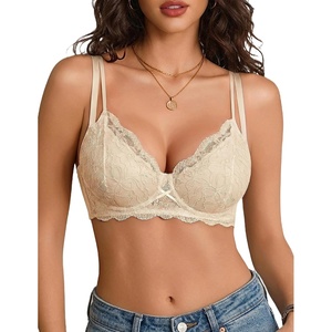 Avidlove Women’s Sexy Lace Bra Unlined Mesh Balconette Bras with Underwire | Underwire lace bra,double layer sheer mesh lining,scalloped trim,unlined push up style,great for date night and daily wear(Champagne)