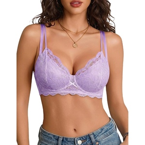 Avidlove Women’s Sexy Lace Bra Unlined Mesh Balconette Bras with Underwire | Underwire lace bra,double layer sheer mesh lining,scalloped trim,unlined push up style,great for date night and daily wear(Lilac)