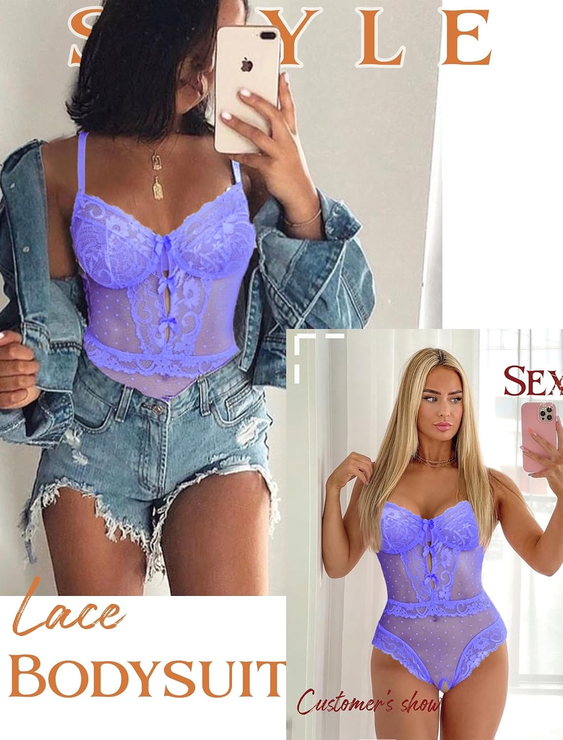 image:imageAvidlove Women Sexy Lingerie Sheer Lace Bodysuit V Neck Teddy Lingerie Polka dot lace fabric wireless comfort cups cute bow decoration adjustable strap sheer dot mesh ideal for date nightsLilac