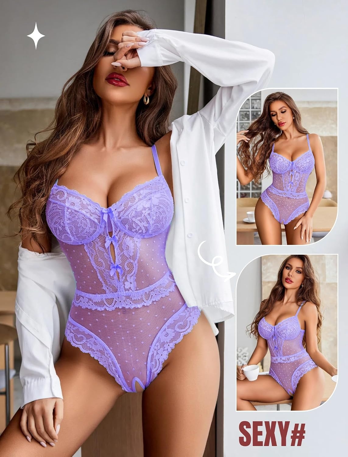 image:imageAvidlove Women Sexy Lingerie Sheer Lace Bodysuit V Neck Teddy Lingerie Polka dot lace fabric wireless comfort cups cute bow decoration adjustable strap sheer dot mesh ideal for date nightsLilac