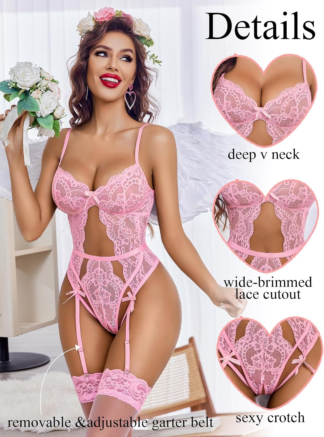 image:imageAvidlove Sexy Lingerie for Women Lace Bodysuit with Panty Garter Lingerie Set Teddy Lingerie Body Suit Sheer Lace Bold Crotchless Separate Adjustable Waistband Underwear Cutout With Garter Belt HookAndEyeApink