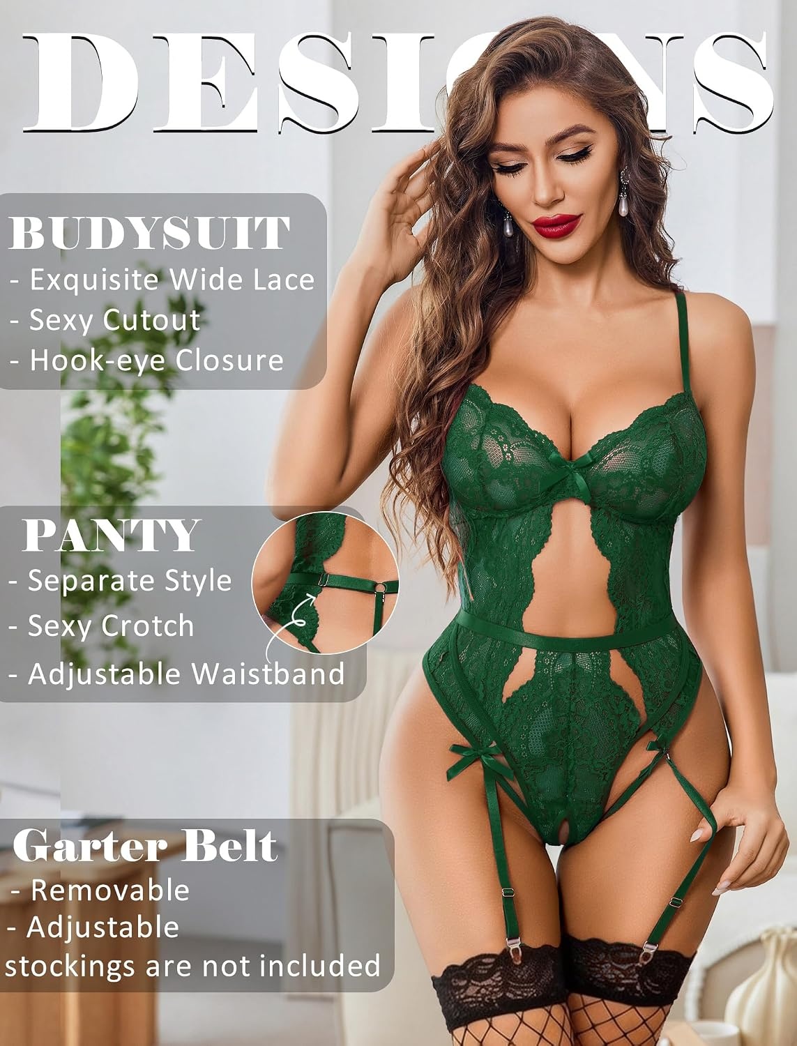 image:imageAvidlove Sexy Lingerie for Women Lace Bodysuit with Panty Garter Lingerie Set Teddy Lingerie Body Suit Sheer Lace Bold Crotchless Separate Adjustable Waistband Underwear Cutout With Garter Belt HookAndEyeGreen
