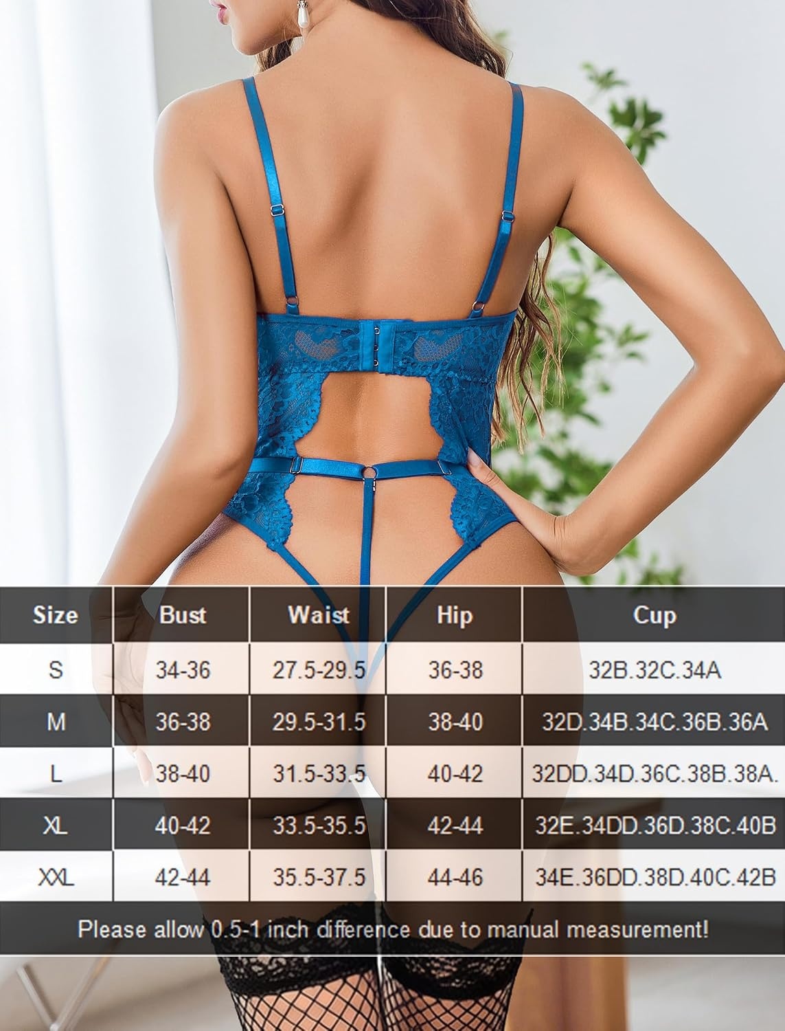 image:imageAvidlove Sexy Lingerie for Women Lace Bodysuit with Panty Garter Lingerie Set Teddy Lingerie Body Suit Sheer Lace Bold Crotchless Separate Adjustable Waistband Underwear Cutout With Garter Belt HookAndEyeBlue