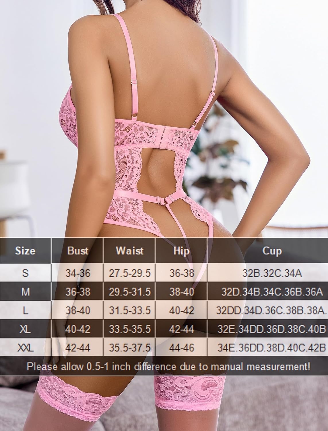 image:imageAvidlove Sexy Lingerie for Women Lace Bodysuit with Panty Garter Lingerie Set Teddy Lingerie Body Suit Sheer Lace Bold Crotchless Separate Adjustable Waistband Underwear Cutout With Garter Belt HookAndEyeApink