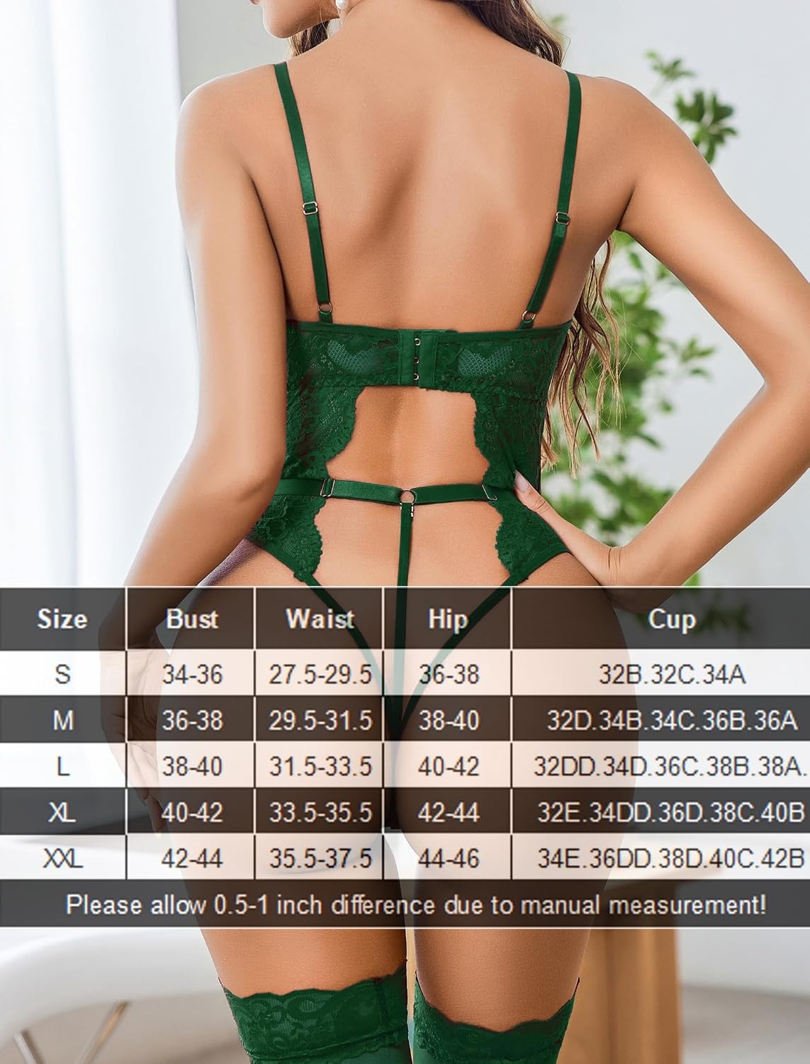 image:imageAvidlove Sexy Lingerie for Women Lace Bodysuit with Panty Garter Lingerie Set Teddy Lingerie Body Suit Sheer Lace Bold Crotchless Separate Adjustable Waistband Underwear Cutout With Garter Belt HookAndEyeGreen