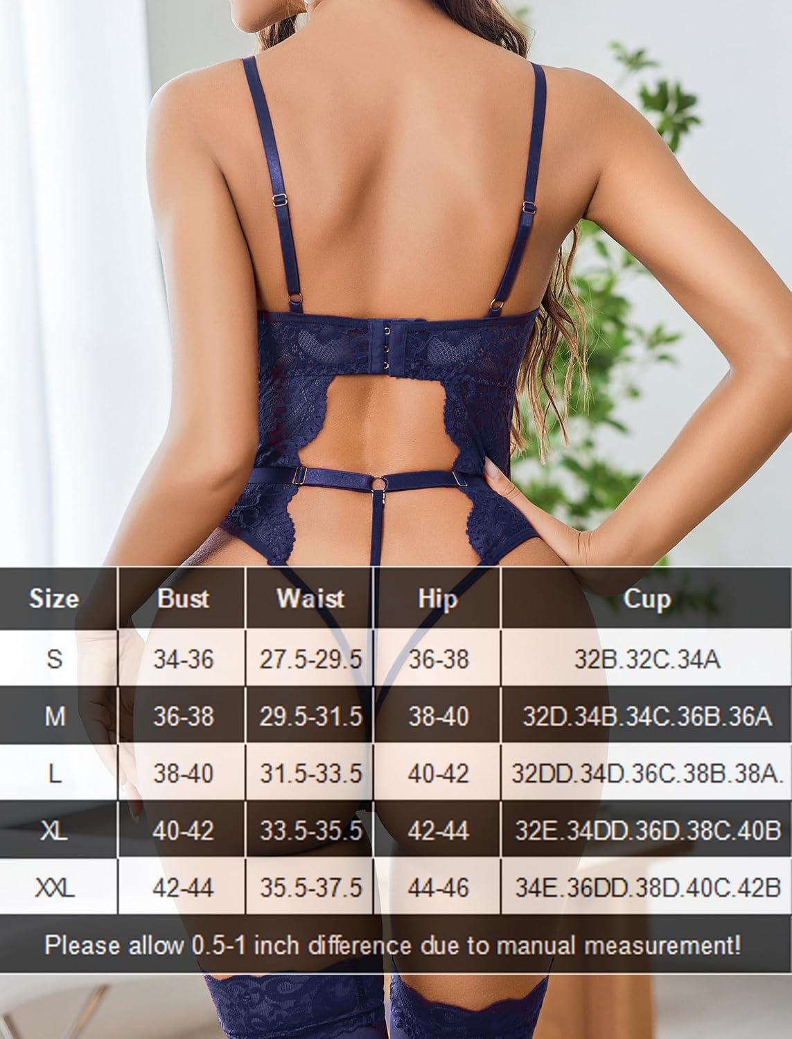 image:imageAvidlove Sexy Lingerie for Women Lace Bodysuit with Panty Garter Lingerie Set Teddy Lingerie Body Suit Sheer Lace Bold Crotchless Separate Adjustable Waistband Underwear Cutout With Garter Belt HookAndEyeNavy