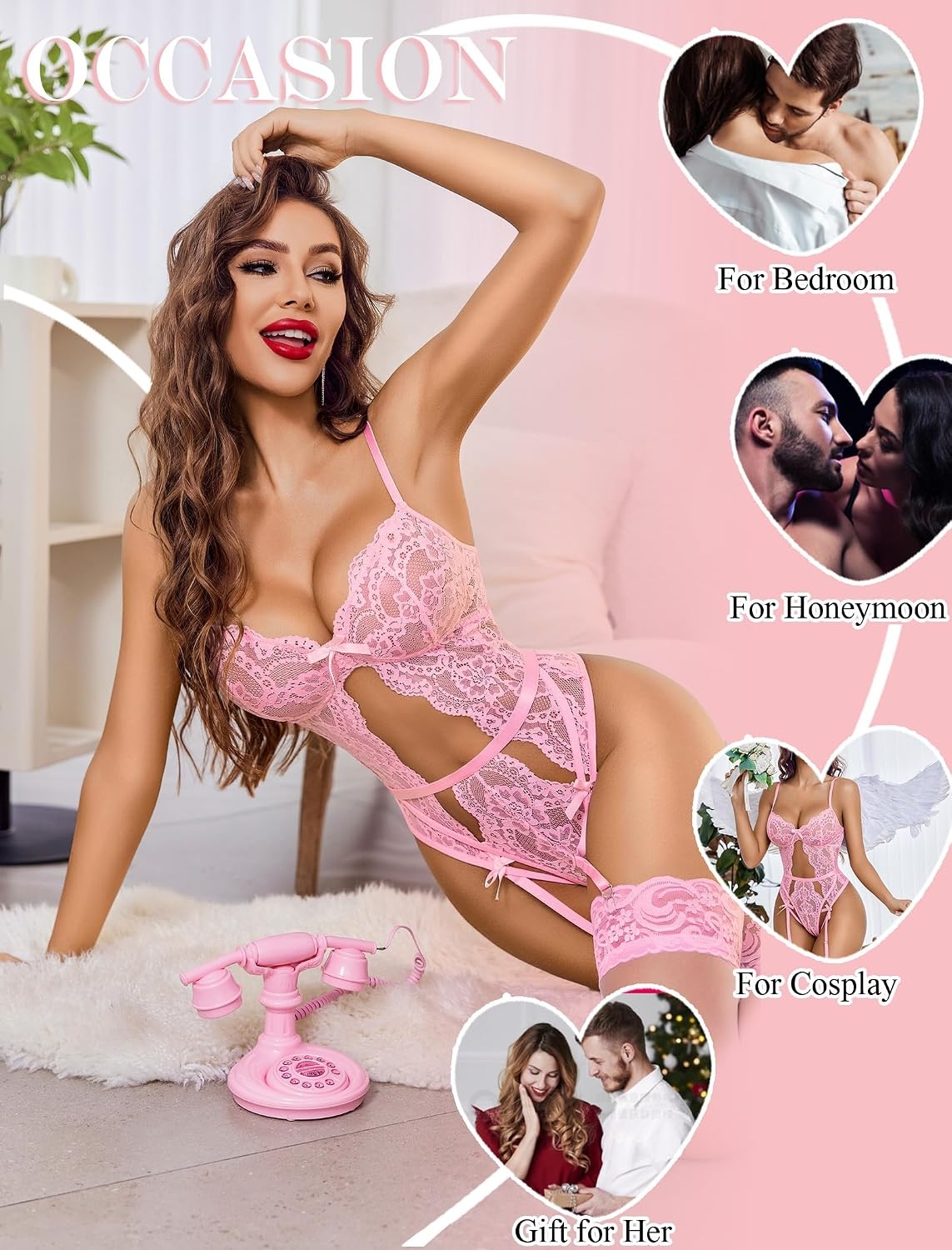 image:imageAvidlove Sexy Lingerie for Women Lace Bodysuit with Panty Garter Lingerie Set Teddy Lingerie Body Suit Sheer Lace Bold Crotchless Separate Adjustable Waistband Underwear Cutout With Garter Belt HookAndEyeApink