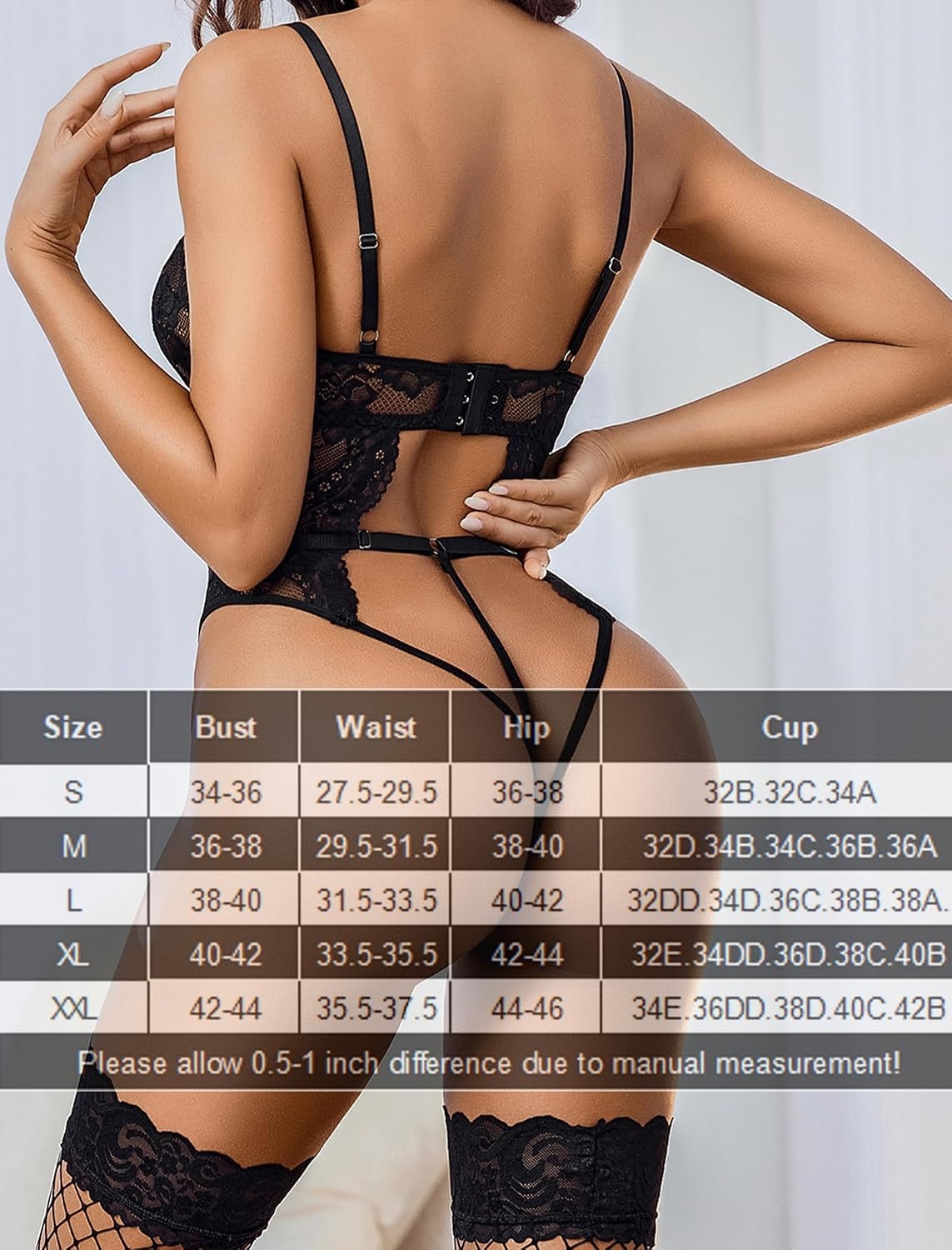 image:imageAvidlove Sexy Lingerie for Women Lace Bodysuit with Panty Garter Lingerie Set Teddy Lingerie Body Suit Sheer Lace Bold Crotchless Separate Adjustable Waistband Underwear Cutout With Garter Belt HookAndEye1black