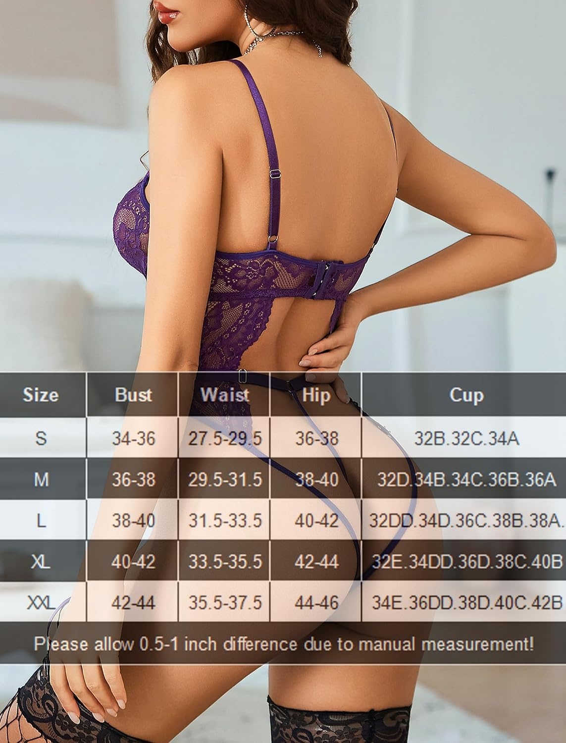 image:imageAvidlove Sexy Lingerie for Women Lace Bodysuit with Panty Garter Lingerie Set Teddy Lingerie Body Suit Sheer Lace Bold Crotchless Separate Adjustable Waistband Underwear Cutout With Garter Belt HookAndEyePurple